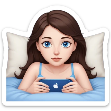 Brunett white girl with blue eyes, laying on stomach  In bed at night , using her iPhone sticker