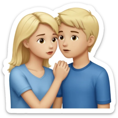 iOS emoji style, girl holding hands with one boy while kissing another boy, one boy blond, the other brunet, subtle suspicious expression sticker