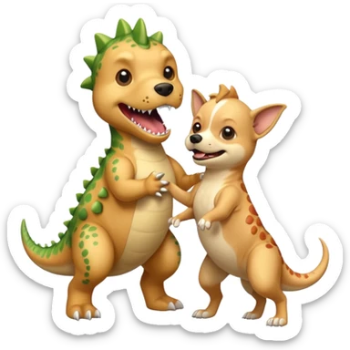 a golden retriever with a dinosaur costume thats killing a chihuahua thats in a dinosuar costume sticker