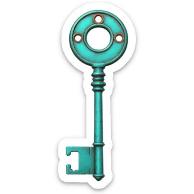 3D render of Vintage Key, heavily oxidized copper texture, verdigris patina, Ornate key fully turned teal, weathered bronze aesthetic, ancient decay, emoji style, isolated on white background --v 6.0. sticker