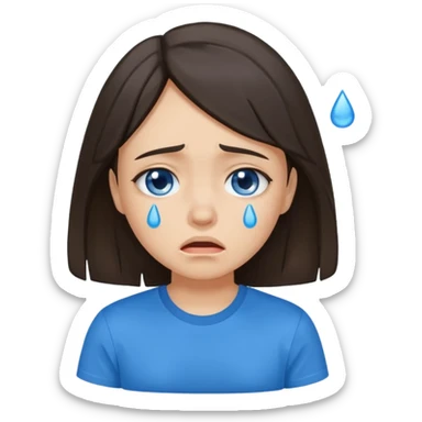 sad brunette girl crying with blue tears wearing a blue tshirt sticker