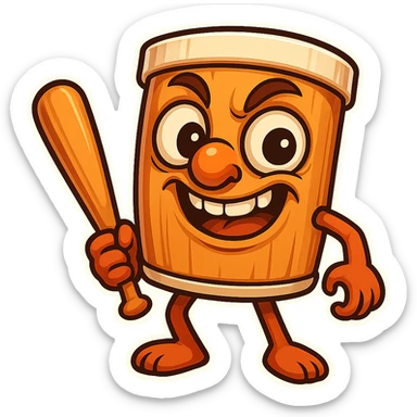 square image of absurd wooden stick-man creature, drum-like cylindrical body, holding baseball bat, cartoon style, bright vivid colors, expressive face, dynamic pose, a bit creepy yet funny,  sticker