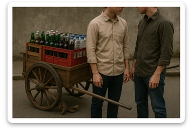 Bir g'ildiragi singan ichimliklar ortilgan arava uning yonida aka uka bir biriga havotirli nigoh bilan qarab turibdi realistik uslubda yuzi ko'rinmasin sticker