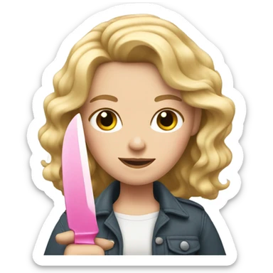 Blonde white girl with wavy hair holding a pink knife  sticker