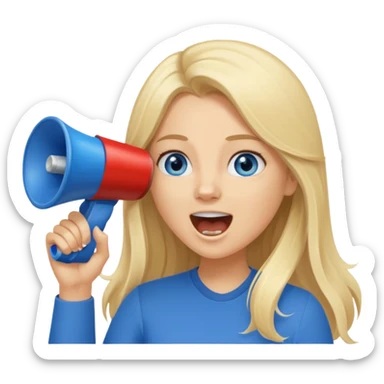  blue eyes blonde girl yelling into megaphone smiling long hair sticker