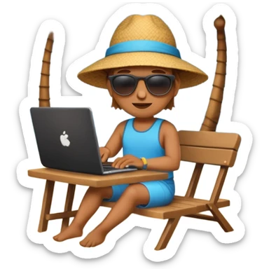 A gender-neutral emoji-style character (🧑‍💻) sitting at a small table with a laptop on the beach, palm tree and sea behind sticker
