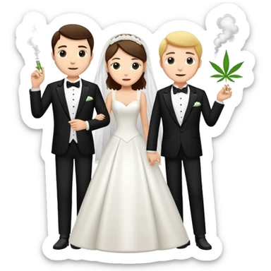 A bride in white wedding dress and groom in tuxedo, full body, smoking cannabis together sticker