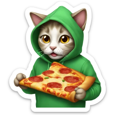 Cat wearing hoodie eating a pizza sticker