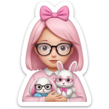 Girl kid with glasses → holding a toy rabbit sticker