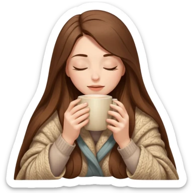long brown hair woman closed eyes hiding under a cozy wool beige blanket, holding cup of coffee, autumn mood sticker