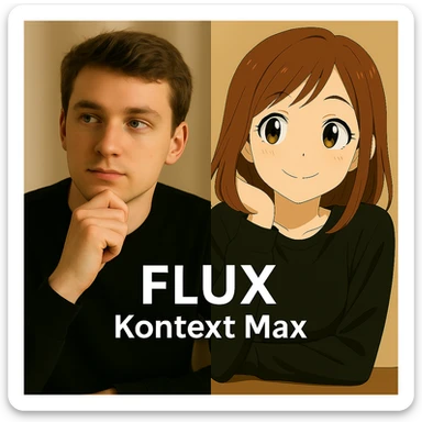 same similar image but chnage the text to "Flux Kontext Max", change people and pose too sticker