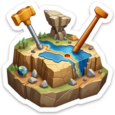 An icon featuring a rock hammer, a geological map, and layers of Earth’s crust, symbolizing geology. The design includes mineral samples, fossils, and tectonic plates, representing the study of Earth’s structure and natural processes. Transparent background highlights geological exploration sticker