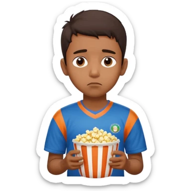 an indian boy wearing INDIAN cricket jersey and eating popcorn and looking sad sticker