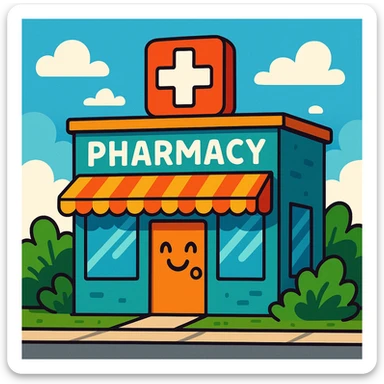 pharmacy building with red cross sign, cartoon style, welcoming look sticker