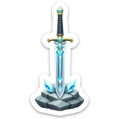 Shining silver sword with jeweled hilt, stuck in a stone, glowing aura.  sticker