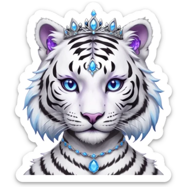 ESO Female white/black tiger khajiit leader of the umbral rose, glowing blue eyes, glowing blue 'third eye' gem; purple gemmed silver tiara sticker