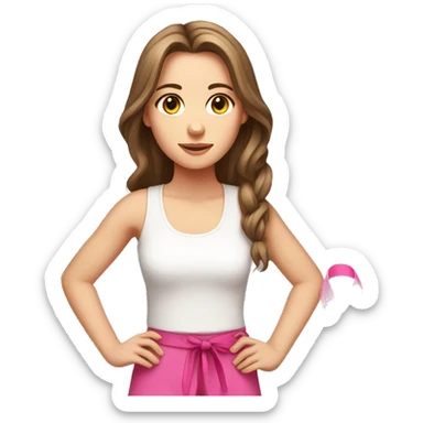 white Girl, white tank top, straight brown hair with pink ribbon sticker