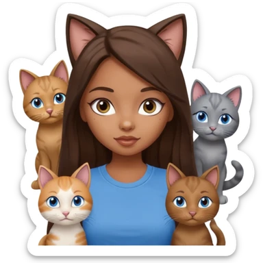 a pretty bratz dusky girl with long brown hair, blue eyes with six cats nd wearing a grey tshirt sticker