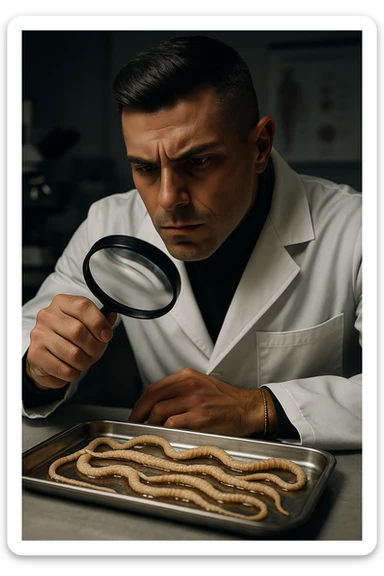 A middle-aged male kinesiologist wearing a pristine white lab coat, intensely analyzing long, beige tapeworms (like Taenia) under a magnifying glass. His expression is focused and slightly concerned, with dramatic studio lighting casting sharp shadows. The parasites are highly detailed, moist, and textured, stretched across a sterile metal tray. The background is blurred but suggests a clinical environment—hints of a microscope, medical charts, and clean lab equipment. The style is hyper-realistic, with a cinematic contrast between the bright white coat and the grotesque, organic forms of the parasites. No sci-fi elements, just raw medical realism with a disturbing edge sticker