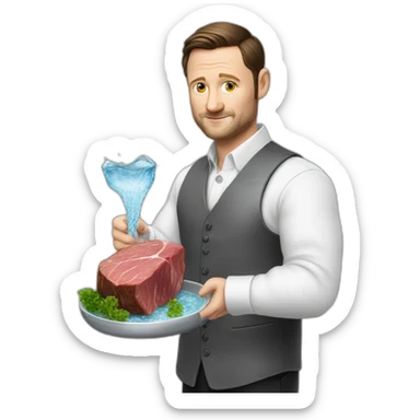 tim robinson dark black slicked back hair white long sleeve shirt with a light grey vest pouring water on a steak sticker