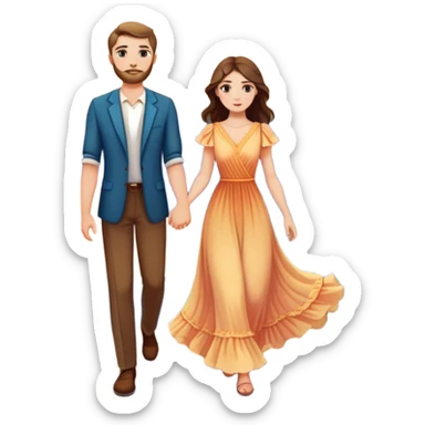 Elegant girl with a beautiful flowy dress and clean girl makeup and man together in Montenegro sunset holding hands  sticker