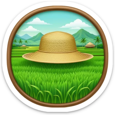 Cinematic Realistic image of a traditional rice farmer's hat, crafted from woven natural fibers with delicate texture details, set against a lush backdrop of vibrant green rice paddies under gentle, early morning light that evokes rural tradition. sticker