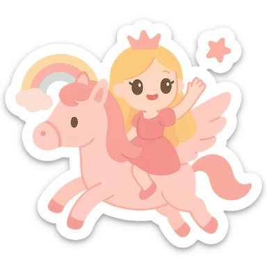 Barbie flying horse princess, flying horse soaring, Barbie princess waving, rainbow elements, fairy tale style, pink main color sticker