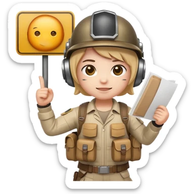 Create a cute emoji-style PUBG Mobile character, chibi version with helmet and backpack, standing in victory pose, holding a blank white sign or paper sheet in both hands in front of chest, ready for text, clean white background, simple emoji design” sticker