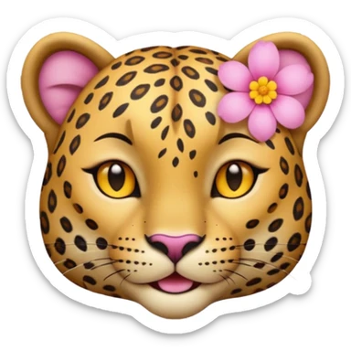 A cutE leopard face with eyes closed and a peaceful smile. A pink flower with a yellow center is tucked behind its right ear, adding a charming and gentle touch.  sticker