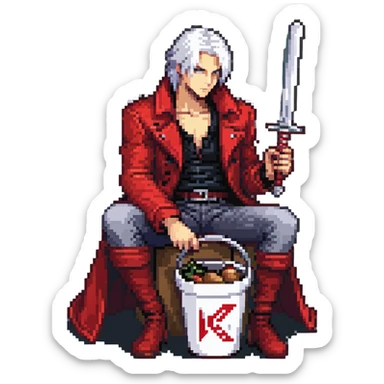 Dante from Devil May Cry sitting in a KFC bucket, red coat, white hair, rebellion sword sticker