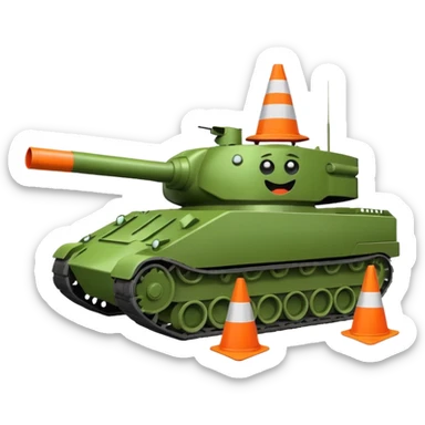 green military tank with an evil face, with a traffic cone with a sad face flattened under its treads, emoji style sticker