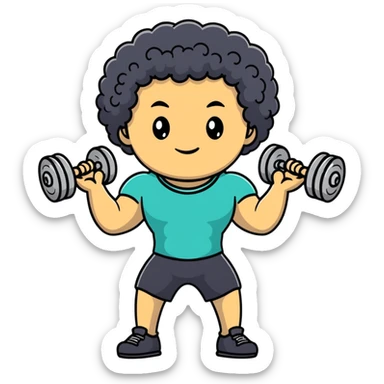 curly haired boy at gym with dumbbells sticker
