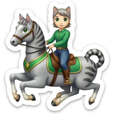 gray tabby cat with green eyes riding a horse sticker