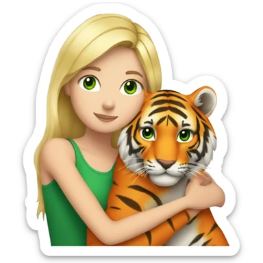 A blonde white girl with green eyes hugs an orange tiger sticker