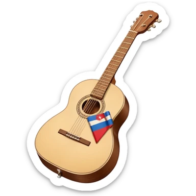 “Flat vector icon of a Cuban tres guitar in three-quarter view, warm brown wood with 3 string courses, thick outline, centered on a warm cream or beige rounded-square (or circle); add a small simplified Cuban flag (blue, red, white) on the soundboard like a sticker.  sticker