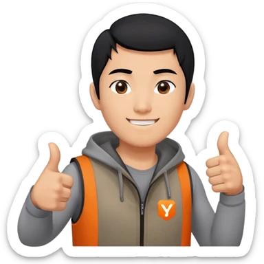 Black hair asian man giving a thumbs up. Wearing a grey shirt unhooded vest that has a very small logo on it, which shows a square in solid orange color and a simple white capitalized "Y" inside of it. sticker