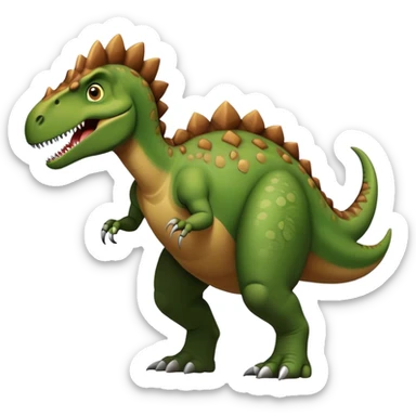 A large, herbivorous dinosaur with a sturdy, muscular build and a beaked mouth. Its skin is green and brown. It has a distinctive thumb spike on each hand, strong hind legs for walking, and a long, balanced tail sticker
