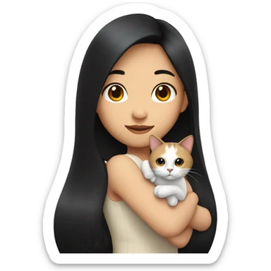 A long black hair Asian girl holding a calico cat sticker