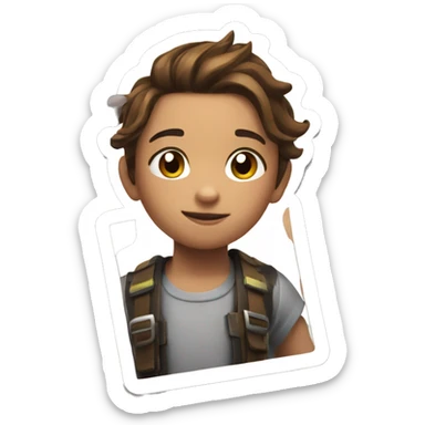 A brown haired 10 year old holding a fortnite card sticker