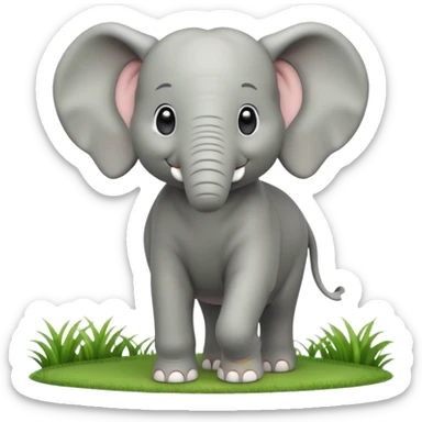 A large 3D cartoon elephant standing on green grass, smooth gray skin, big ears, curved trunk raised slightly, gentle smile, bright natural sunlight, Memoji-style. sticker