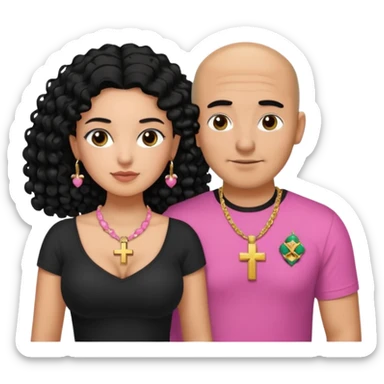 A picture if a couple. the man is a Mexican man with tanned skin, black hair, a bald hair cut, short boxed beard, and wearing a black shirt. the woman is mixed with black and white, with curly long hair, a gold cross necklace, wearing a pink shirt and with big boobs sticker