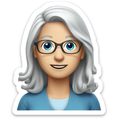 long gray hair, older female, blue eyes, glasses, writing sticker