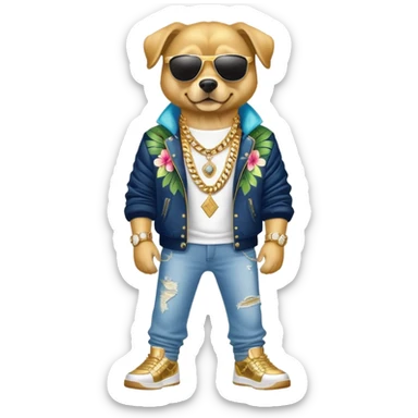 Make a full-body dog with layered gold chains with diamond rings, a haiwian lay and jacket, sunglasses and jeans with jordans sticker