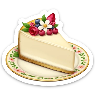 Piece of cream cheesecake on a floral white and golden plate sticker