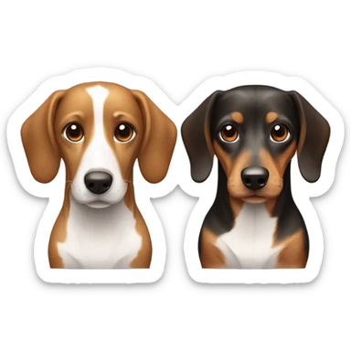 The dog on the right, a dachshund, features a smooth coat with a white body patterned with light brown patches and a brown head shaded with darker tones sticker