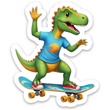 Dinosaur skateboarding at the skate park wearing a t-shirt and doing six seven and dancing sticker