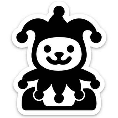 crazy cute little cat jolly joker from poker, medieval, vintage, court jester, mac os icon, purple, gold and red color, head + torso. Squared shape as 3D mac os icon, symmetrical sticker