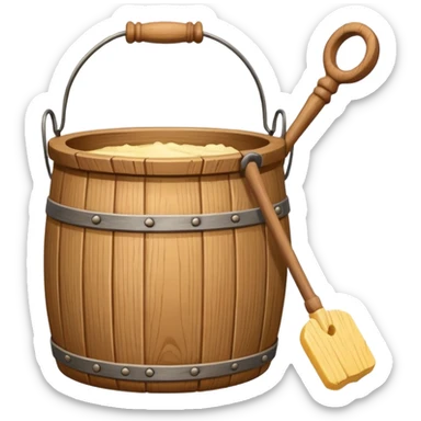 Create a wooden butter churn bucket with stick showing  sticker