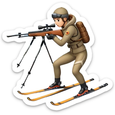An icon showing a snowy landscape with pine trees, mountains, and a clear sky with a biathlete aiming a rifle in the foreground, wearing winter gear and skis. Transparent background emphasizes the precision, endurance, and beauty of this winter sport. sticker