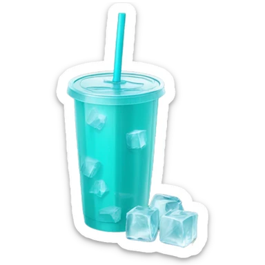 Realistic plastic cup and lid with Transluscent turquoise and large ice cubes inside and one straw through the top of the lid. sticker